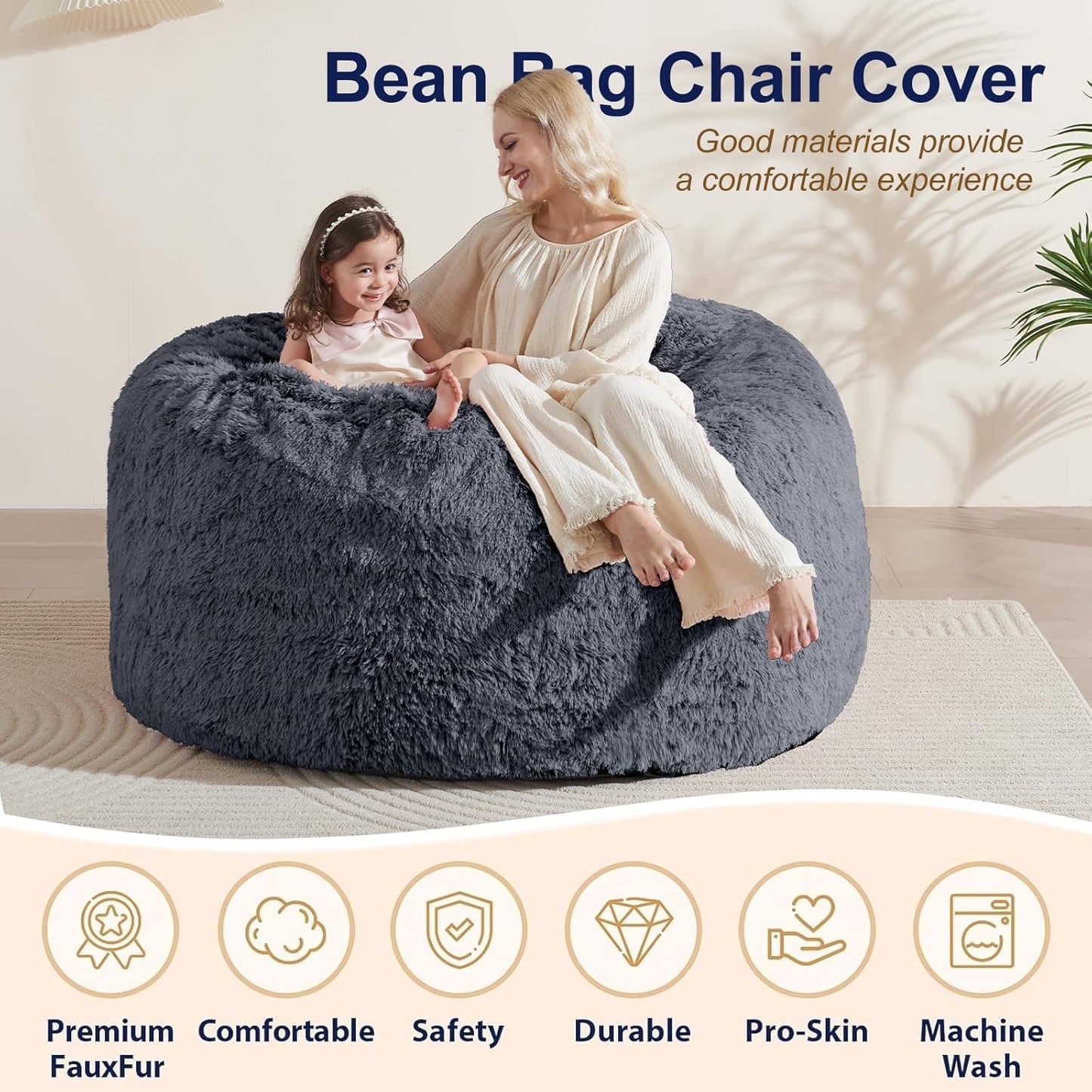 Bean Bag Cover(No Filler), Faux Fur Comfy Bean Bag Chairs for Adults, Washable Bean Bag Chair Cover, Fluffy Plush Giant Bean Bags Chairs for Teens Kids Girls, Anti-Slip, 5FT, Dark Grey