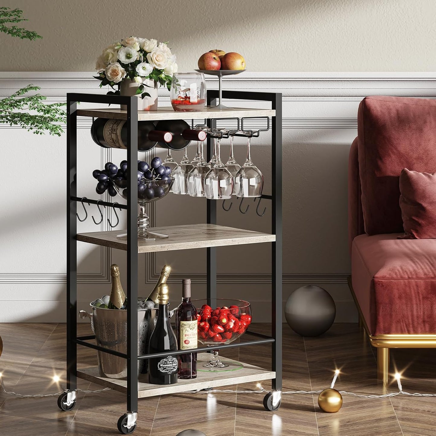 TUTOTAK Bar Cart, Home Bar Serving Cart, Small Wine Cart with 3-Tier Shelf, Beverage cart, Drink Cart with Wine Rack and Glass Holder, Rolling bar carts for The Home, Living Room, Greige BC01BG035