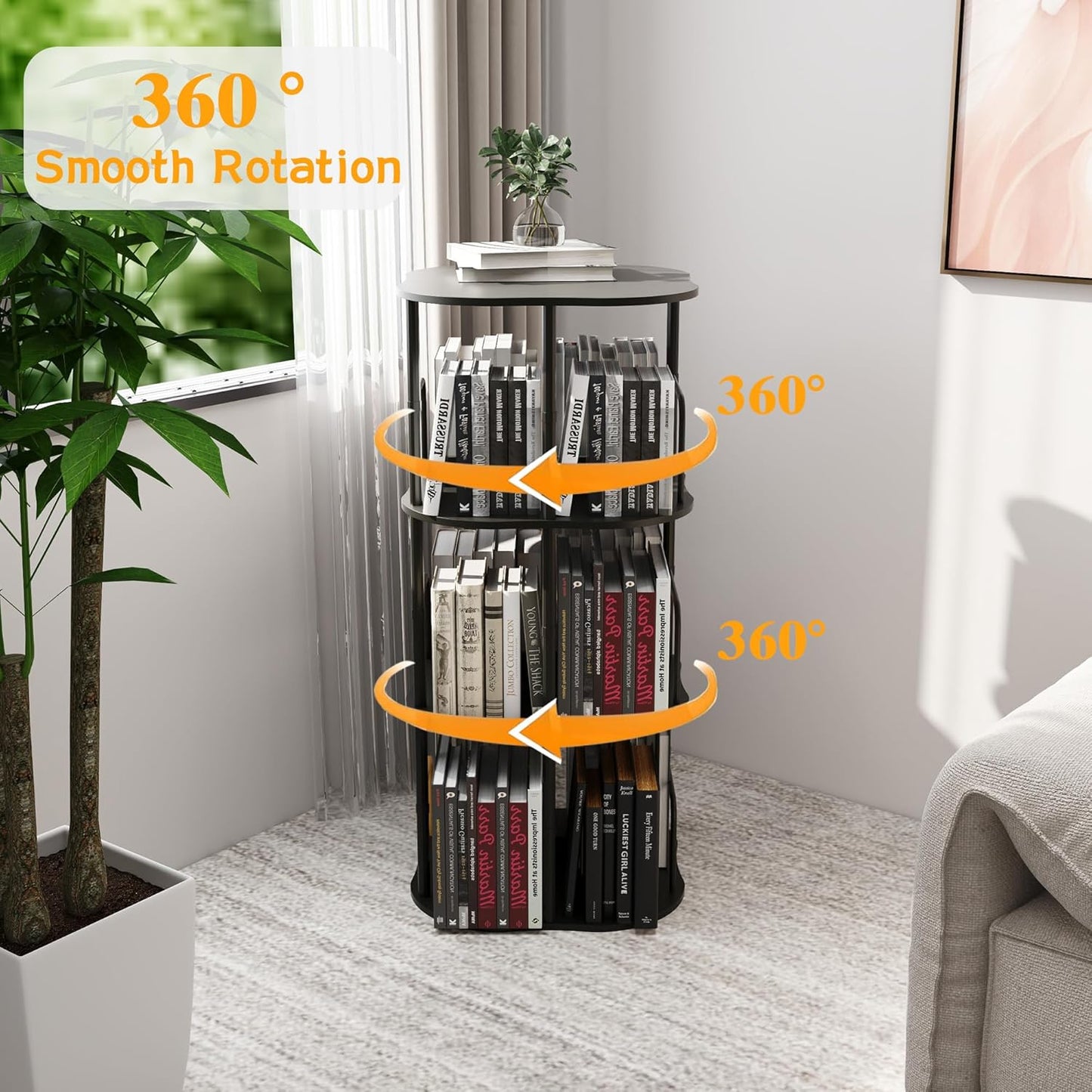 3-Tier Rotating Bookshelf, 360 ° Display Stackable Spinning Bookshelf Tower, Narrow Space Saving Tall Floor Standing Swivel Bookcase Corner Organizer for Bedroom, Living Room, Black