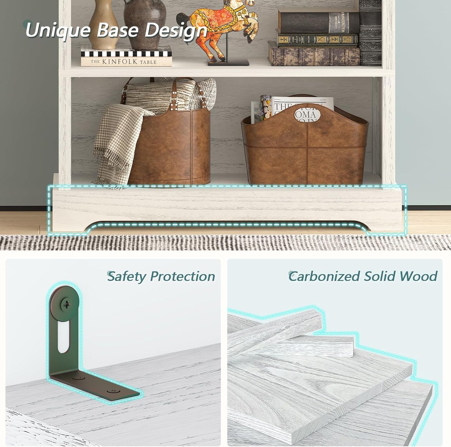 TVU 6 Shelf Bookcase, Freestanding Open Bookshelf, Tall Book Shelf, 11.8" D x 31.5" W x 77.2" H, for Living Room, Dining Room, Study, Office, Antique White