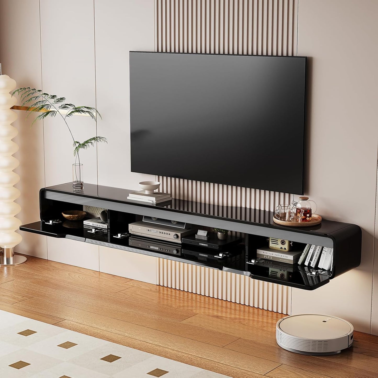 High Gloss Floating TV Stand with 3 Doors,86'' Wall Mounted TV Cabinet,Under TV Console,Floating Media Shelft for Bedroom Living Room(Black)