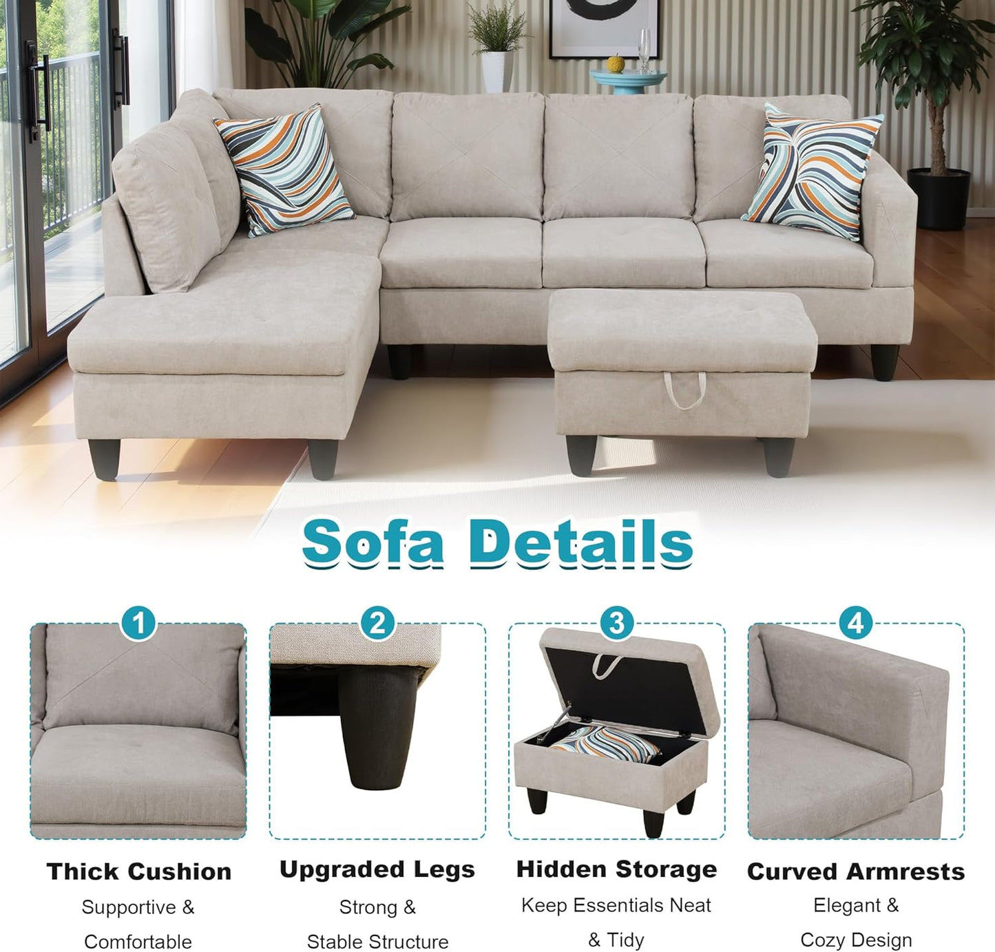 97" Oversized Sectional Couch, L Shaped Couch with Storage Ottoman, Modern Modular Sofa with Deep Seat, Sectional Couches for Living Room and Office, Off-White (Flannelette)