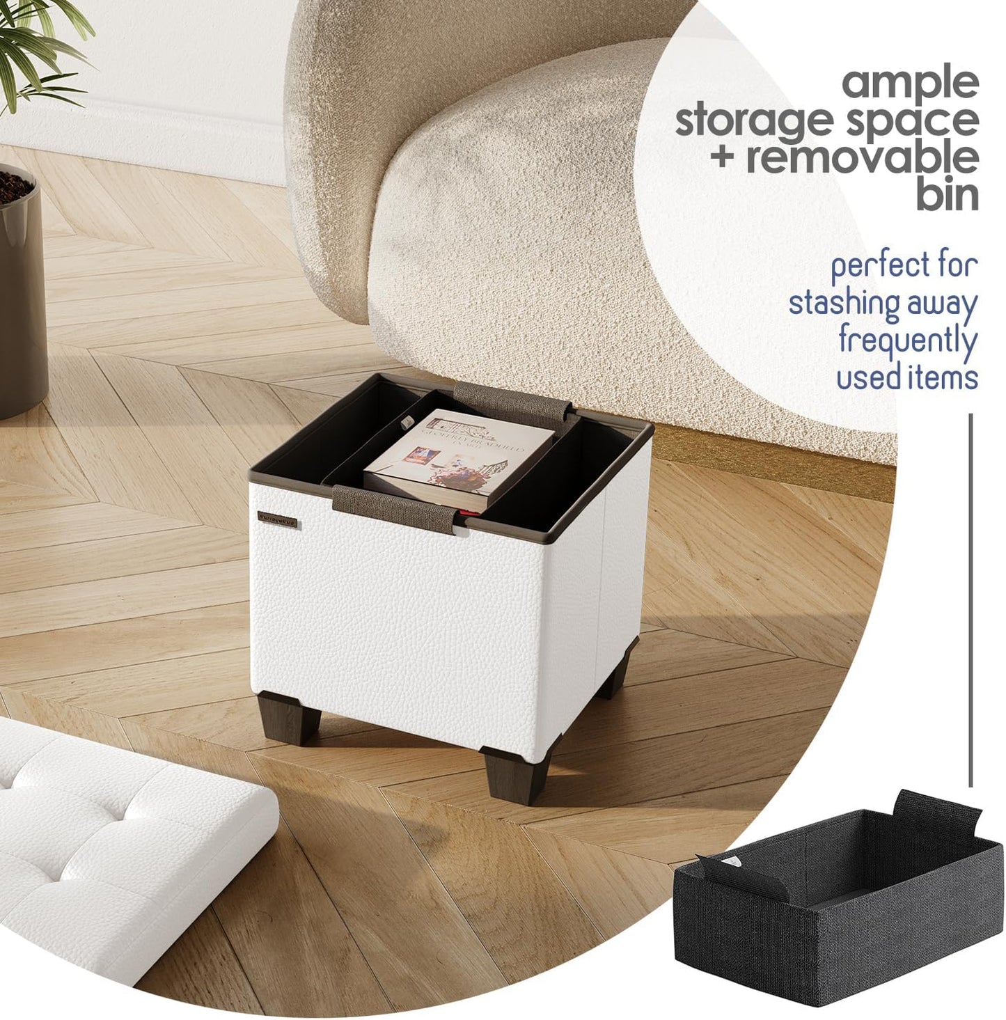 STORAGEBUD Storage Ottoman Cube with Small Bin, 16-in Square Ottoman with Storage for Living Room and Bedroom, Small Ottomans Foot Rest, Faux Leather Foot Stools Ottomans Max 330lbs, Cream