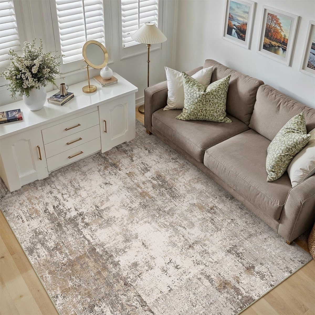 5x7 Washable Area Rug Brown Grey Neutral Abstract Living Room Bedroom Throw Rug Non Slip Soft Low Pile Indoor Floor Carpet for Dining Room Kitchen Office Entryway Home