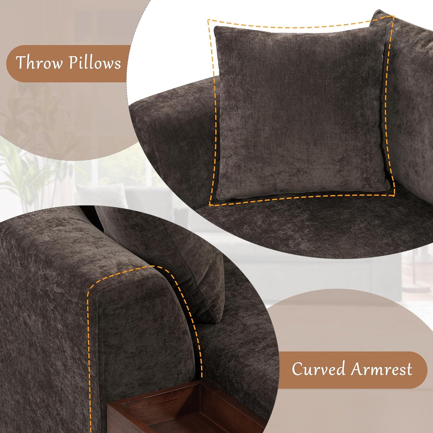 Merax 93.7" L-Shaped Sectional Sofa with Wooden Storage Compartment, Chenille Upholstered Deep Seating Sleeper Couch & Chaise Lounge and Throw Pillows for Living Room, Brown