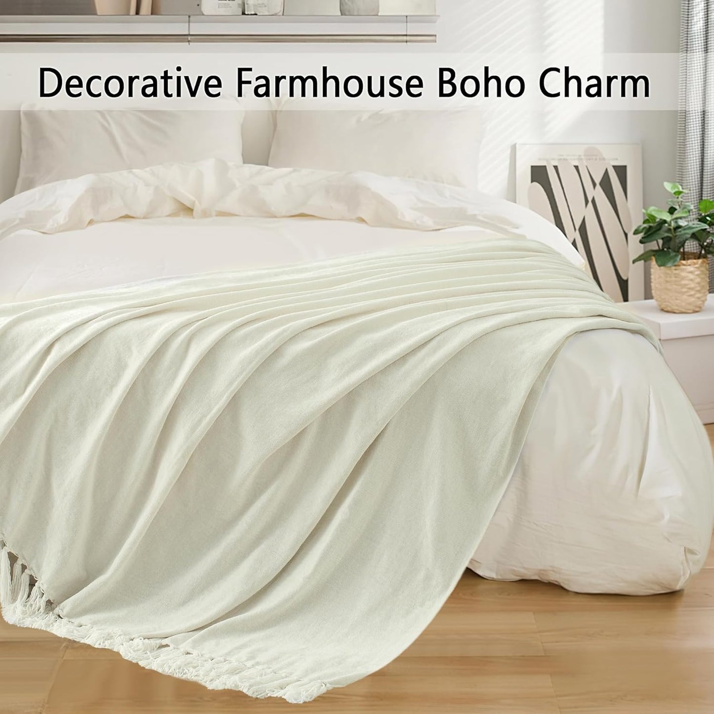 Chenille Throw Blanket for Couch 60"X 80" Twin, Soft Cozy Throws with Fringe Tassel for Bed Sofa Chair Cover, Lightweight Knitted Decorative Boho Blankets for Living Room, Ivory White