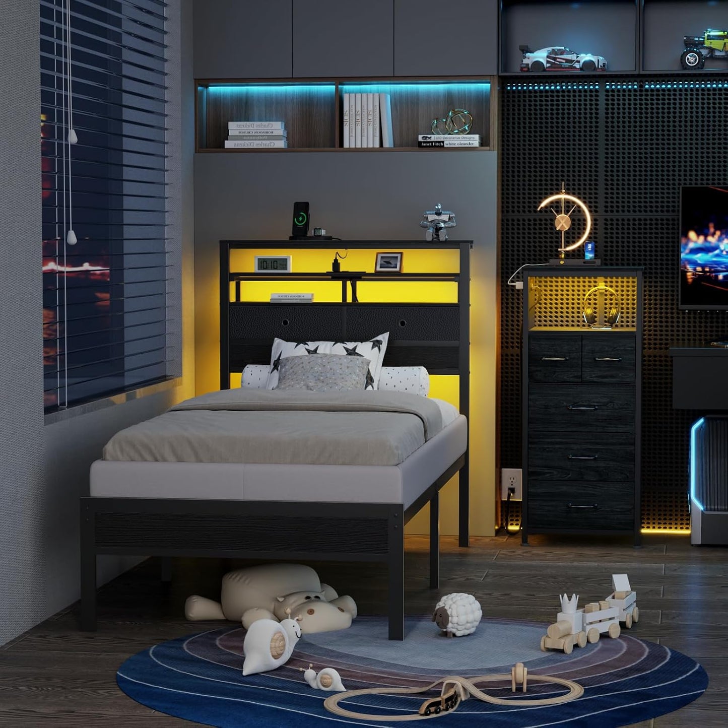 Furnulem Twin Bed Frames with Charging Station and LED Lights, Wood Headboard with 2 Fabric Drawers and Storage Shelves, Twin Size Platform Bed with Metal Slats, No Box Spring Needed, Black Oak