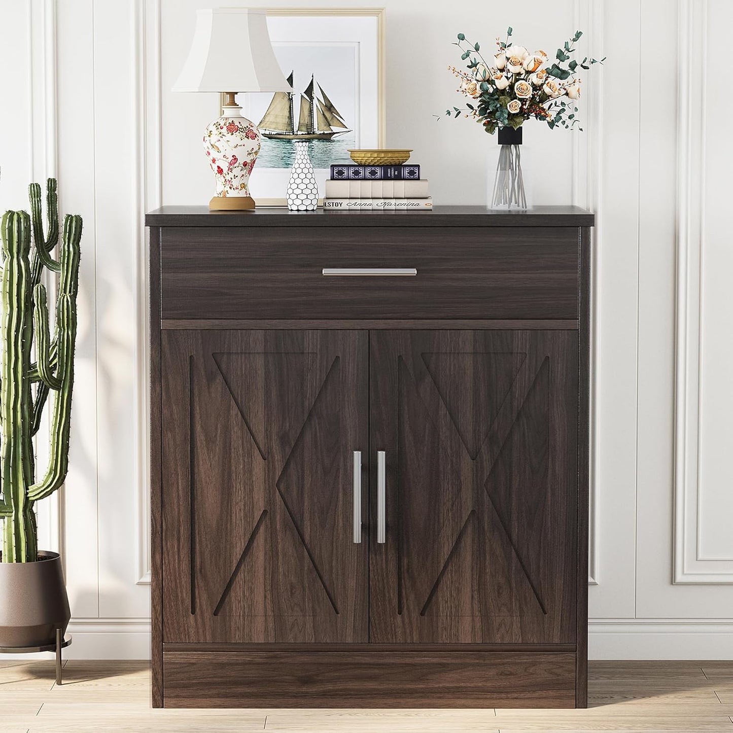 Shintenchi Farmhouse Storage Cabinets with Doors and Shelves,Kitchen Barn Door Storage Cabinet with Drawers,Coffee Bar Cabinet Buffest Sideboard for Dining Living Room,Bathroom,Entryway,Dark Brown