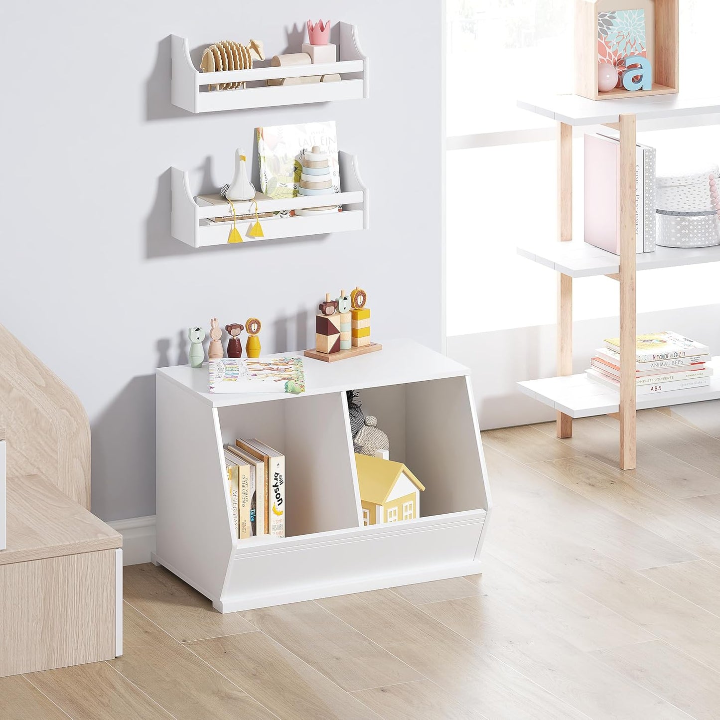 UTEX Stackable Toy Storage Cabinet, Wooden Cubby Organizer, White Shelf for Playroom, Bedroom, Living Room, Nursery, 2 Cubes