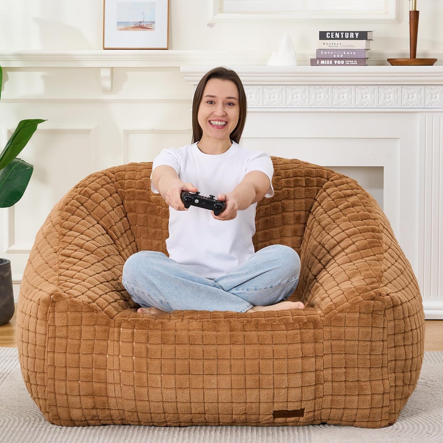 Bean Bag Chairs for Adults, Giant Beanbag Sofa Comfy Reading Chair, Oversized Bean Bag Chairs for Living Room Bedroom, Soft Faux Fur Fabric, 3.2FT, Khaki, Checkered