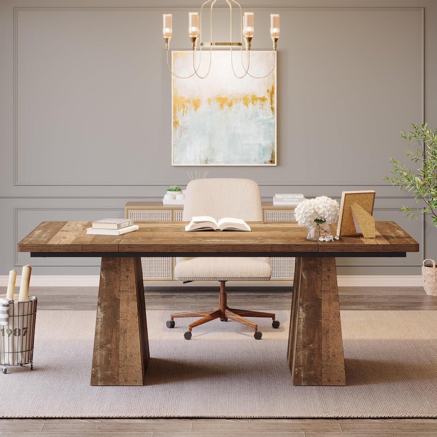 Tribesigns 63-Inch Executive Desk, Large Office Computer Desk with Double Pedestal, Modern Simple Workstations Writing Table Conference Table Business Furniture for Home Office, Espresso Brown