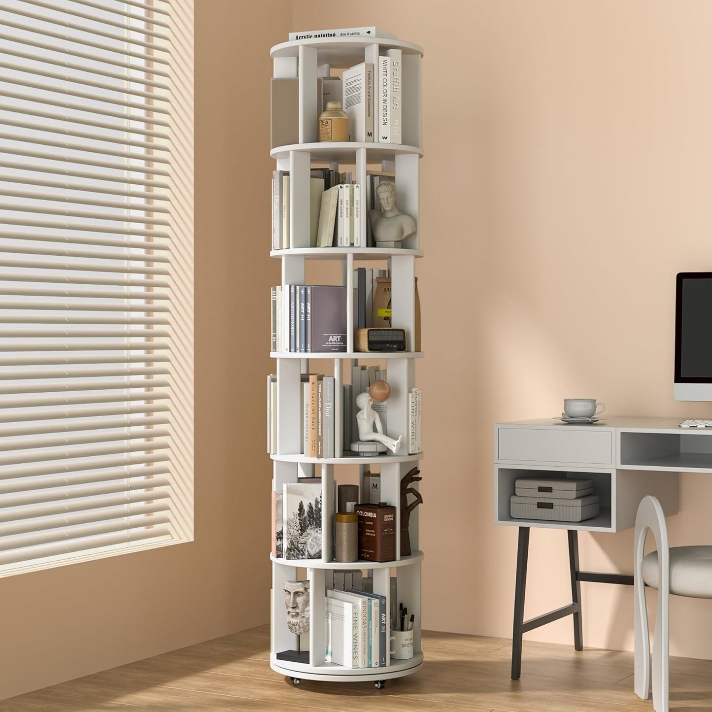 6 Tier Rotating Bookshelf Tower Spinning Bookshelf with Swivel Wheels Book Shelf Rotating Storage Tower for Kids Adult Narrow Walnut Solid Wood Revolving Bookcase Organizer for Bedroom Living Room