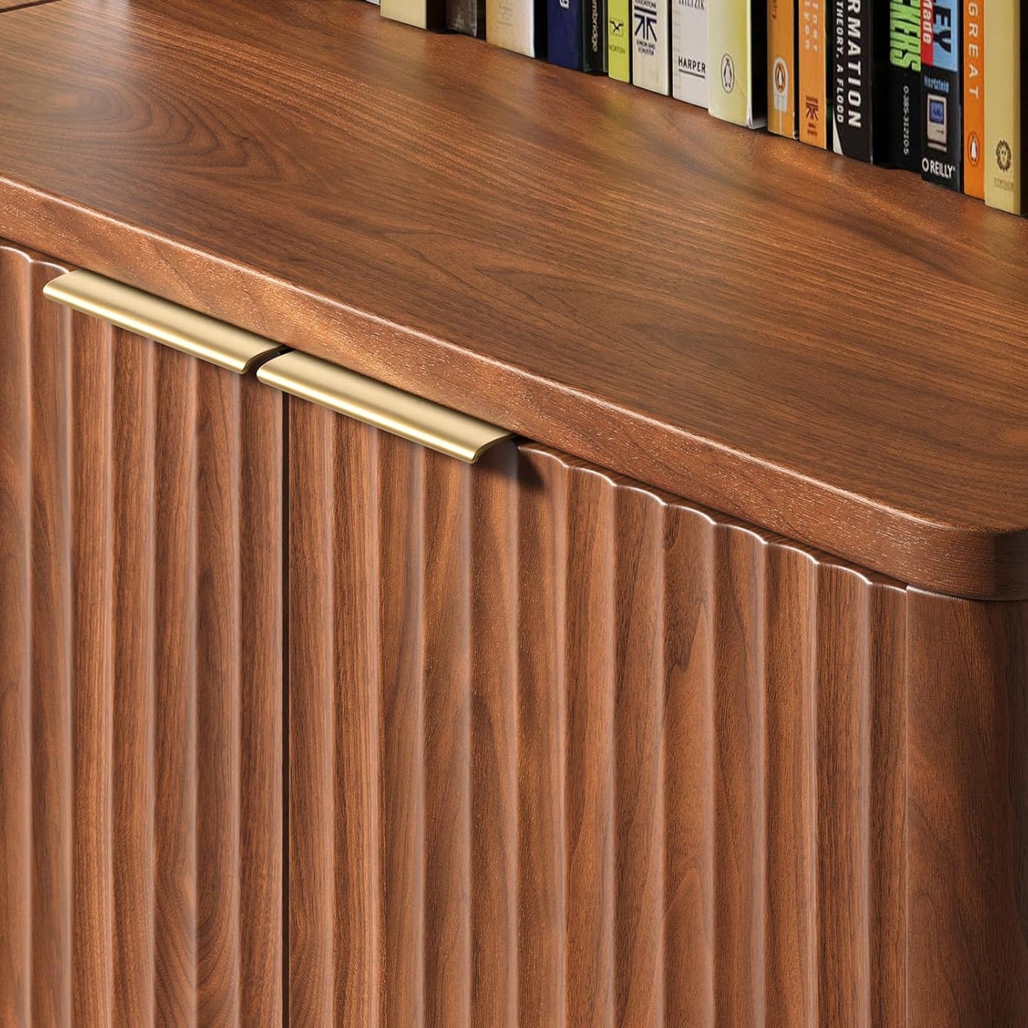 71" Walnut Bookcase with Doors, 5 Tier Fluted Tall Bookshelf with Storage, Librero with Cabinet for Home Office, Living Room,or Bedroom