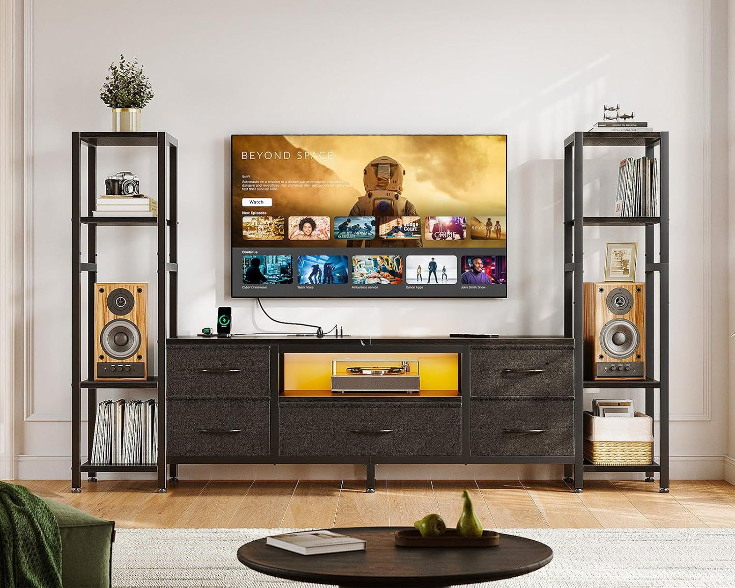 Casaottima 71" TV Stands for 43, 50, 55 Inch TV Entertainment Center with LED Lights and Power Outlets, TV Stand for Living Room with 5 Fabric Drawers & Shelf, TV Console Cabinet for Bedroom, Black