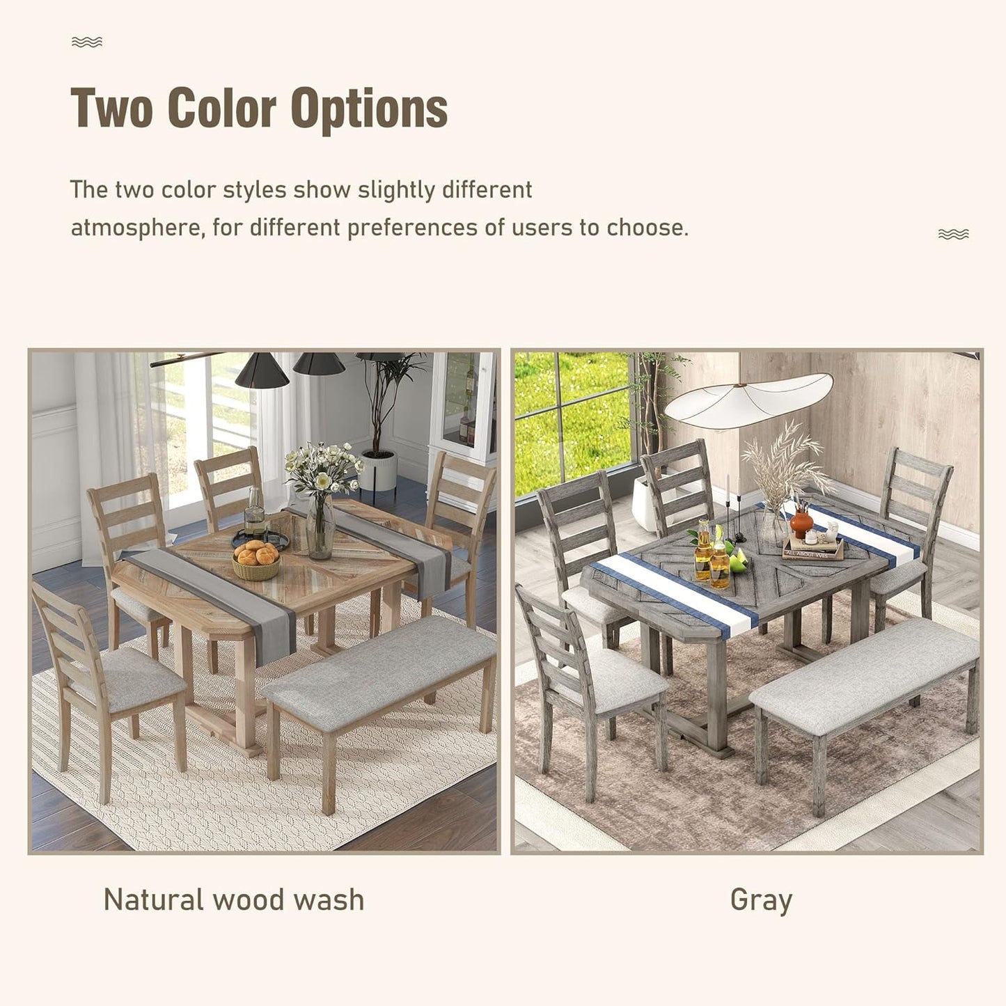 Ball & Cast 6 Piece Wood Dining Table Set with 4 Upholstered Chairs & 1 Bench,Kitchen Table and Chairs for 6 W/ 51.8" Rectangle Desk,for Restaurant,Home Bistro,Natural Wood Wash