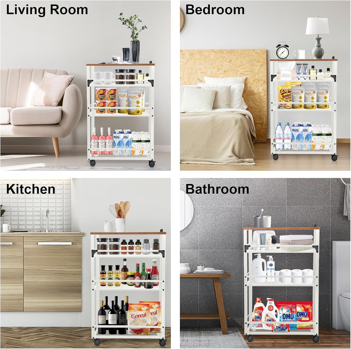 2025 New, Slim Kitchen Storage Cart, 3 Tier Metal Rolling Utility Cart Mesh Basket, Multifunction Wire Basket Shelf Trolley for Home Laundry, Bathroom, Living Room, White