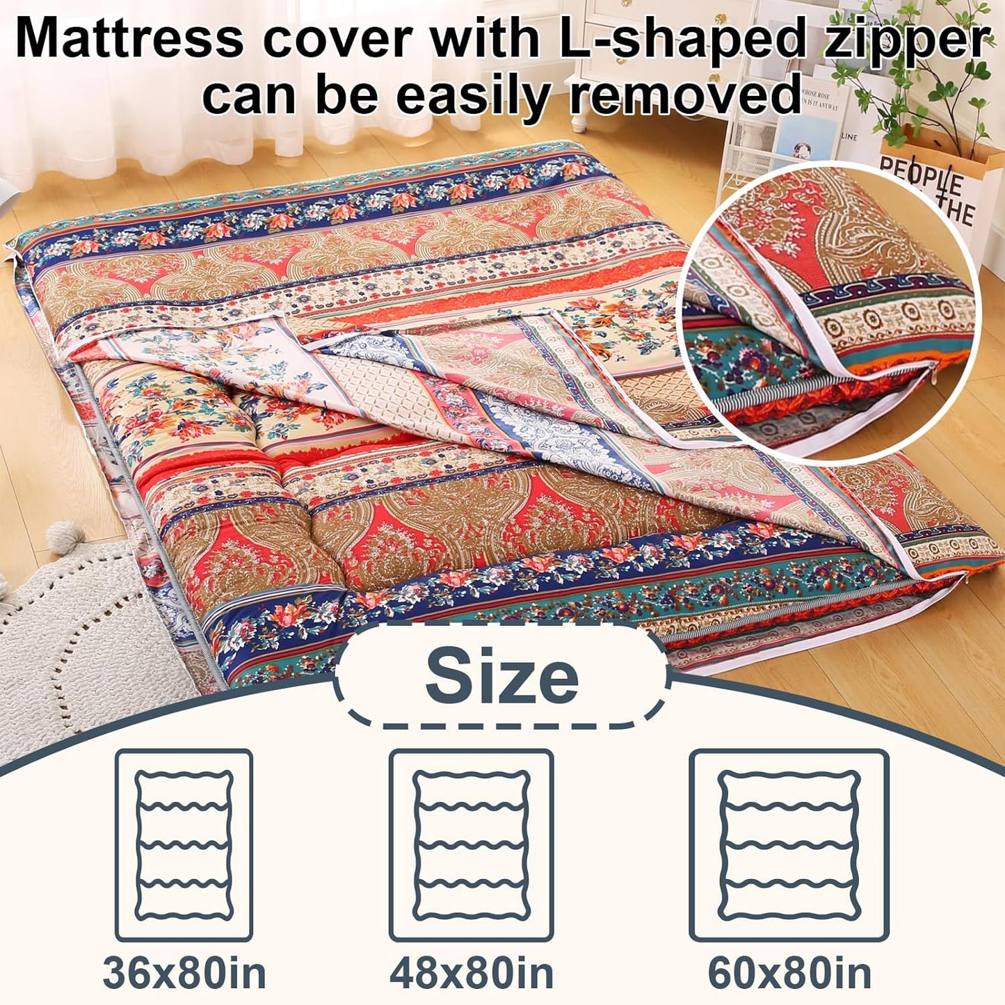 Bohemian Retro Japanese Floor Mattress, Vintage Floral Tatami Floor Mat, Portable Roll up Futon Mattress for Guest,Tavel (A,Queen80 X 60")