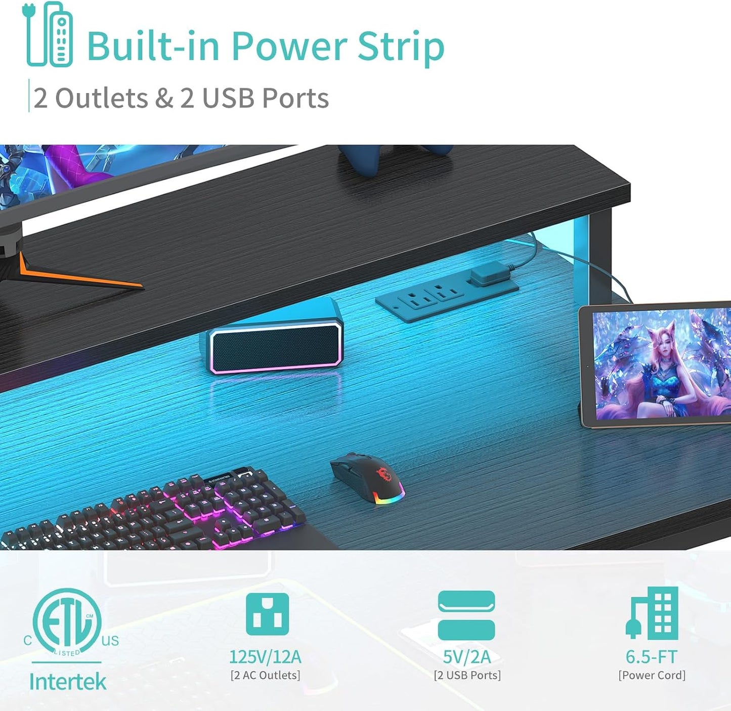 Lufeiya Black Gaming Desk with LED Lights and Power Outlets, 40 Inch Teen Writing Study Table Home Office Desks with Monitor Stand, Computer Desk with Charging Station USB Port, Black