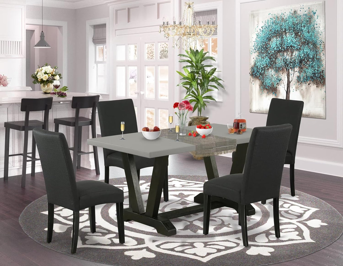 East West Furniture V696DR124-5 5 Piece Kitchen Table Set for 4 Includes a Rectangle Dining Room Table with V-Legs and 4 Black Color Linen Fabric Upholstered Chairs, 36x60 Inch, Multi-Color