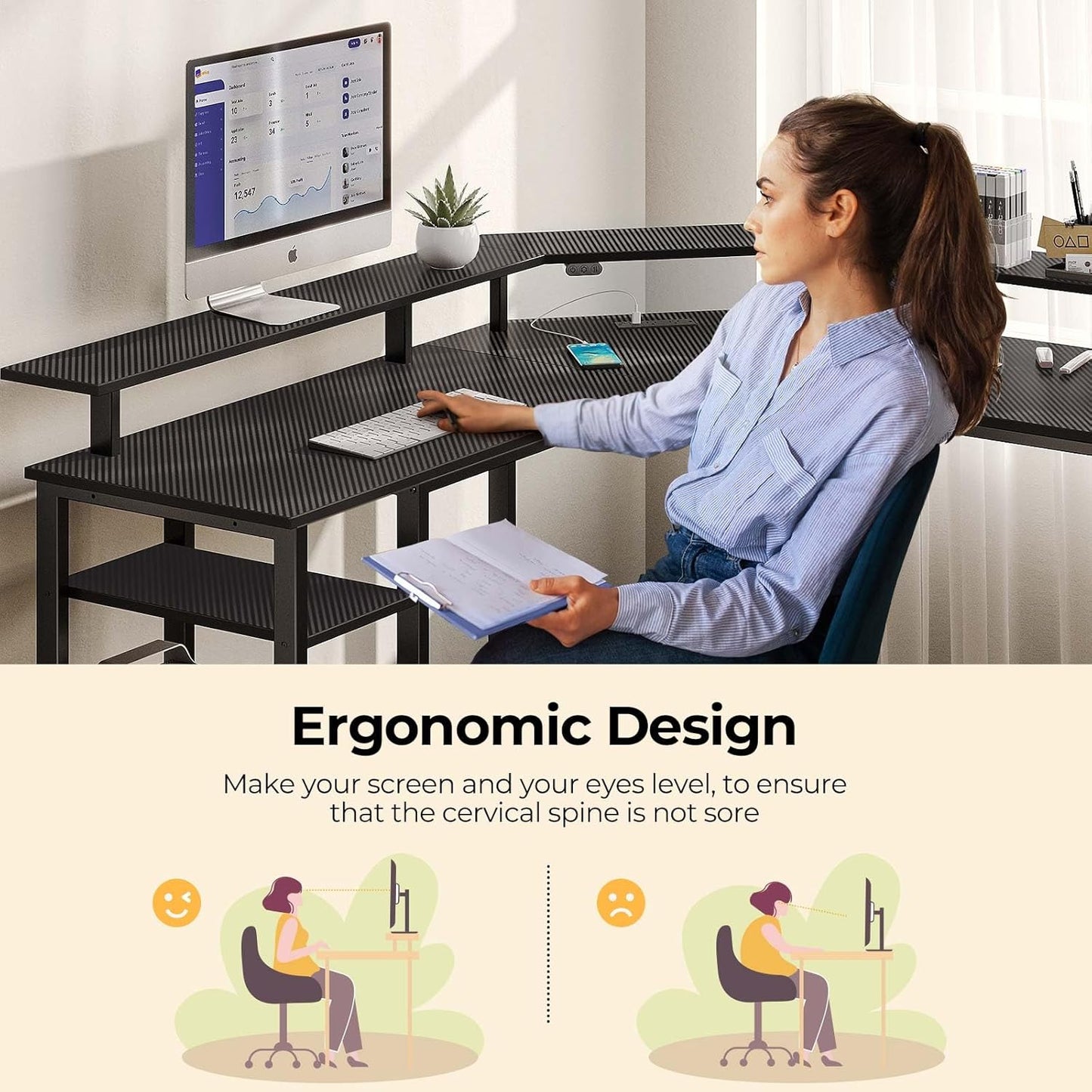 Rolanstar L Shaped Gaming Desk with LED Lights & Power Outlets, 46.2" Computer Desk with Full Monitor Stand & Storage Shelf, Corner Desk with Hooks, Carbon Fiber Desk Reversible