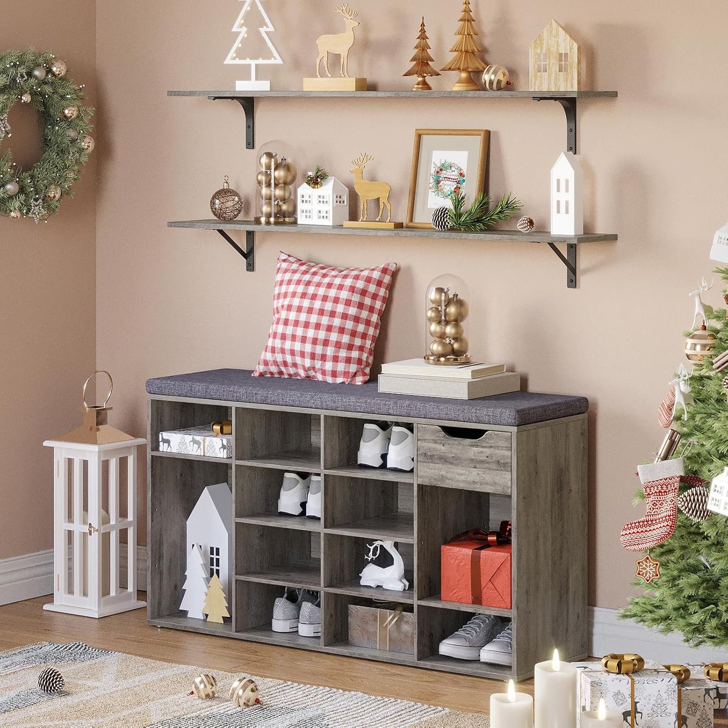 DINZI LVJ Shoe Bench, Entryway Storage Bench with Drawer and 15 Cubbies, Cubby Shoe Rack with Adjustable Shelves, Shoe Organizer Cabinet for Living Room, Bedroom, Mudroom and Garage, Gray Wash