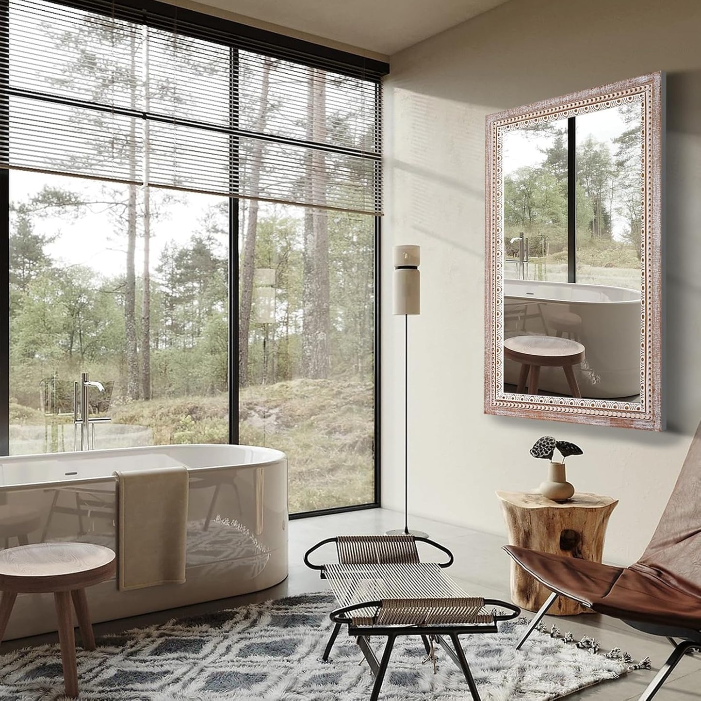 36x24 Inch Wooden Rectangle Bathroom Mirror with Beaded Frame, Rustic Farmhouse Decorative Wall Mirrors for Over Sink, Living Room, Entryway (Horizontal/Vertical Mounting)