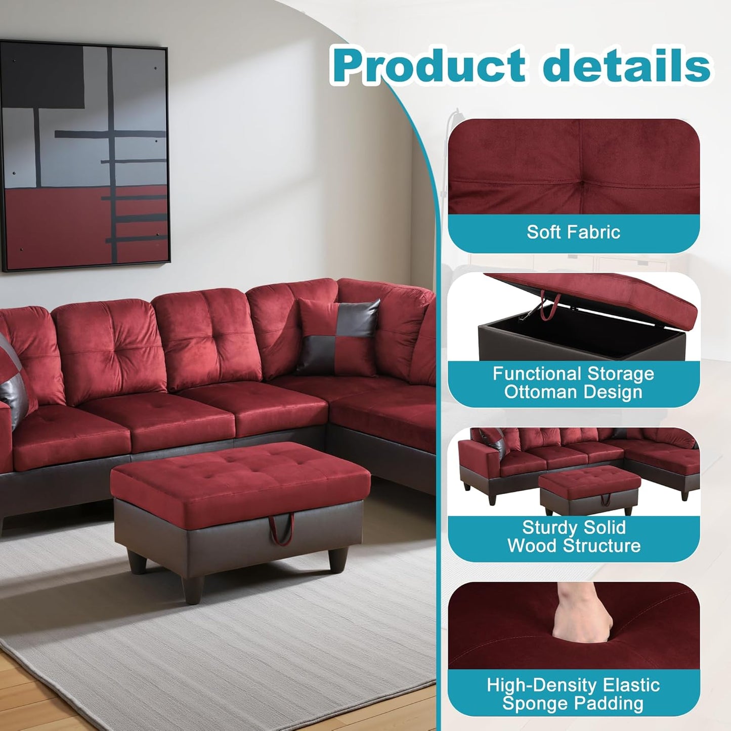 Couches for Living Room Modern L Shaped Couch Comfy Flannel Fabric 3 Pieces Sectional Sofa with Chaise, Ottoman with Storage for Office and Small Apartment, Red