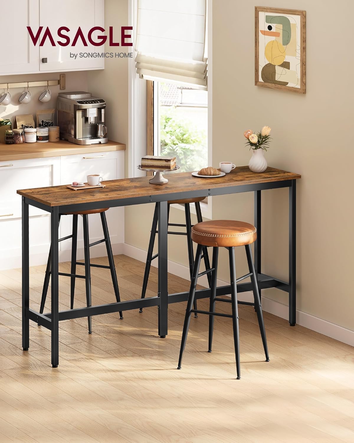 VASAGLE Bar Table, Narrow Long Kitchen Dining Table, Sturdy Metal Frame, Industrial, 15.7 x 63 x 35.4 Inches, Rustic Brown and Ink Black ULBT160K01V1