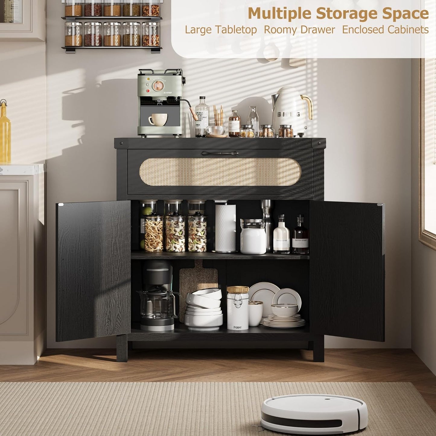 Garvee 29.9'' Small Rattan Buffet Cabinet with Storage, Kitchen Coffee Bar Cabinet with Doors and Drawer, Boho Farmhouse Sideboard with Adjustable Shelves and Handle for Living Room, Black