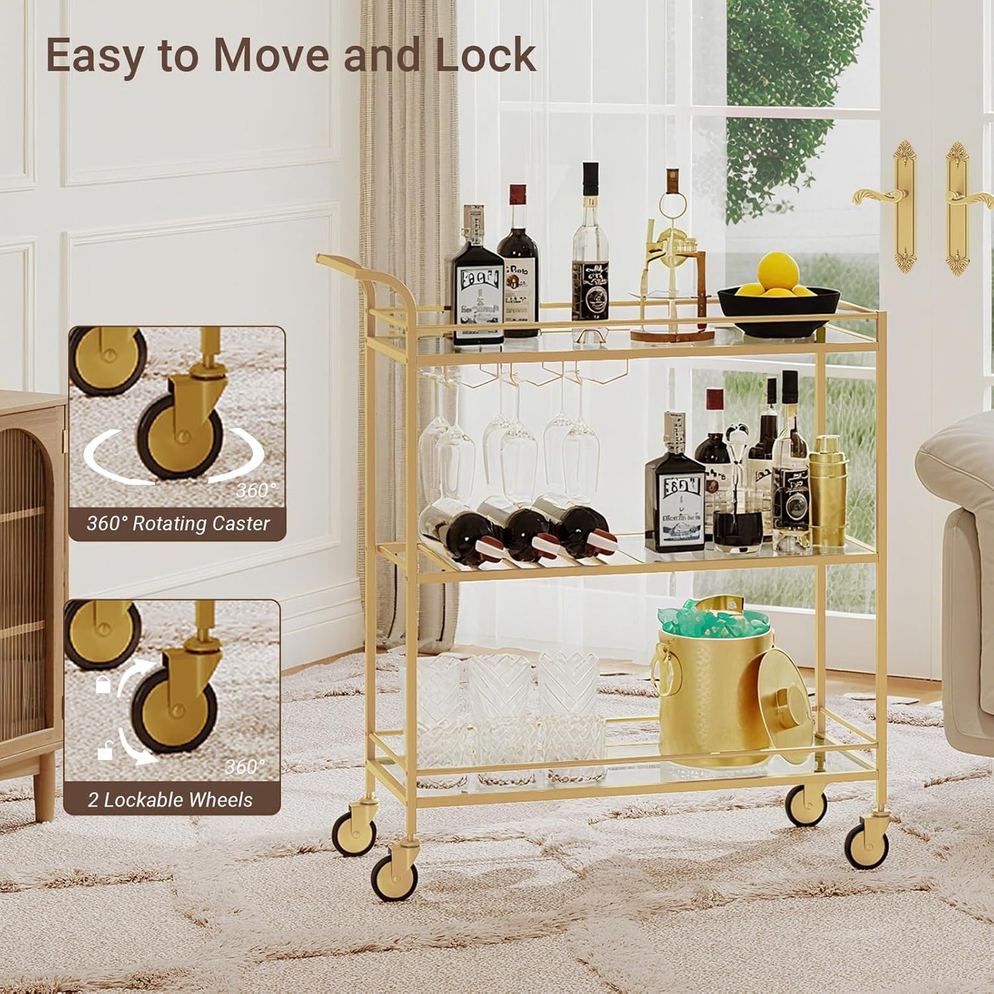 Gold Bar Cart, Home Bar Serving Cart with Handle, Wine Cart with 3-Tier Glass Shelves, Beverage Cart with Wine Rack and Glass Holder, Bar Carts for The Home, Dining Room, Living Room