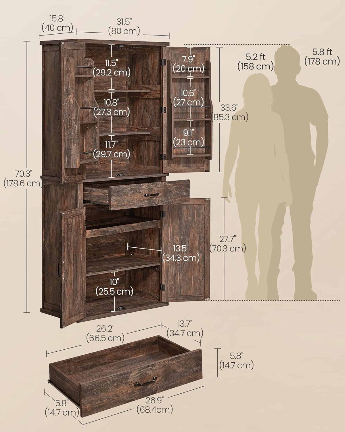 VASAGLE LIRY Collection - Pantry Cabinet, 70.3-Inch Tall Farmhouse Kitchen Storage Cabinet with Barn Doors, Drawer, Tray, Adjustable Shelves, for Kitchen, Dining Room, Hazelnut Brown UBBK364K01