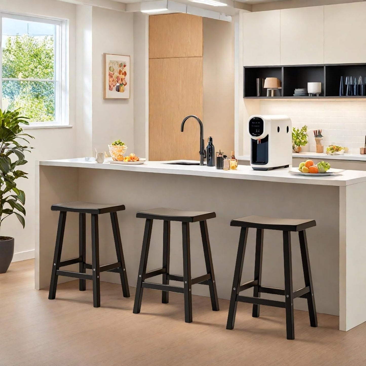 29" H Bar Stools Set of 2 - Classic Saddle Seat with Footrest, Resin Kitchen Counter Stool, Anti-Slip & Waterproof - Tall Barstools for Bar, Kitchen, Dining Room, Lounge - Black