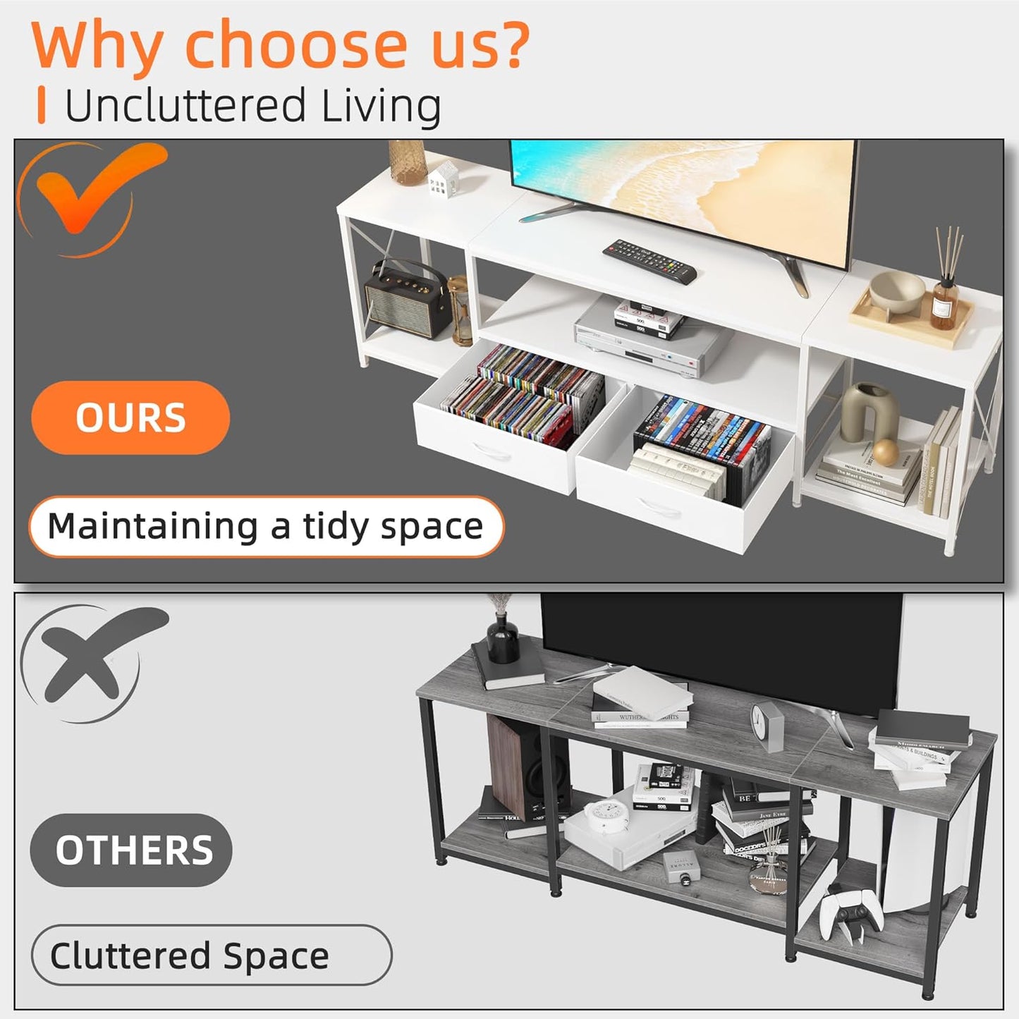 TV Stand with Fabric Drawers for 55 60 65 Inches TV - Entertainment Center and Industrial TV Console Table with Open Storage Shelves for Living Room, Bedroom - 55.1" White