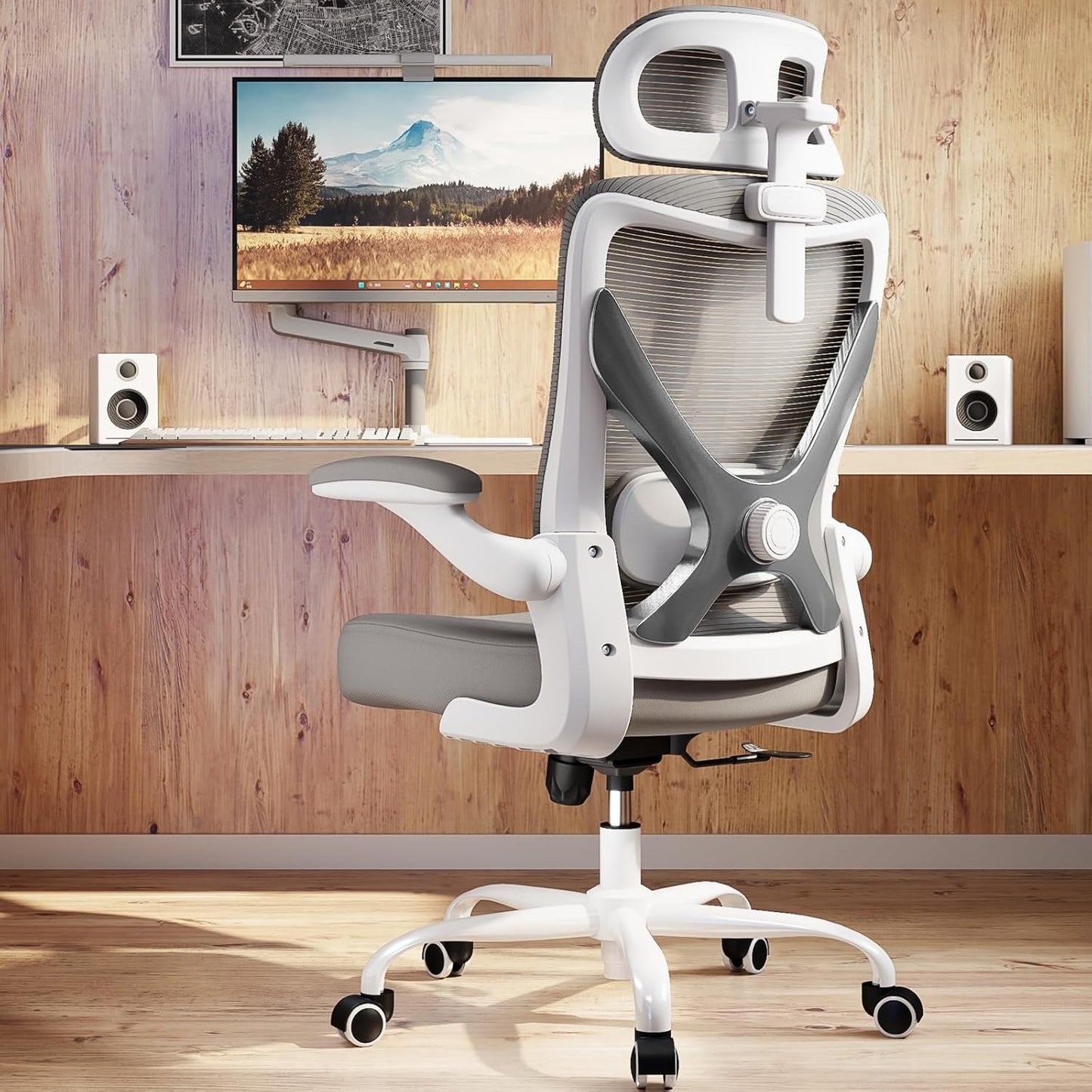 Ergonomic Office Chair - X-Shaped Computer Desk Chair Comfy, Gaming Chair, Office Chair with Lumbar Support, Mesh Office Chairs with Headrests, Desk Chair for Long Hours (White Ash)