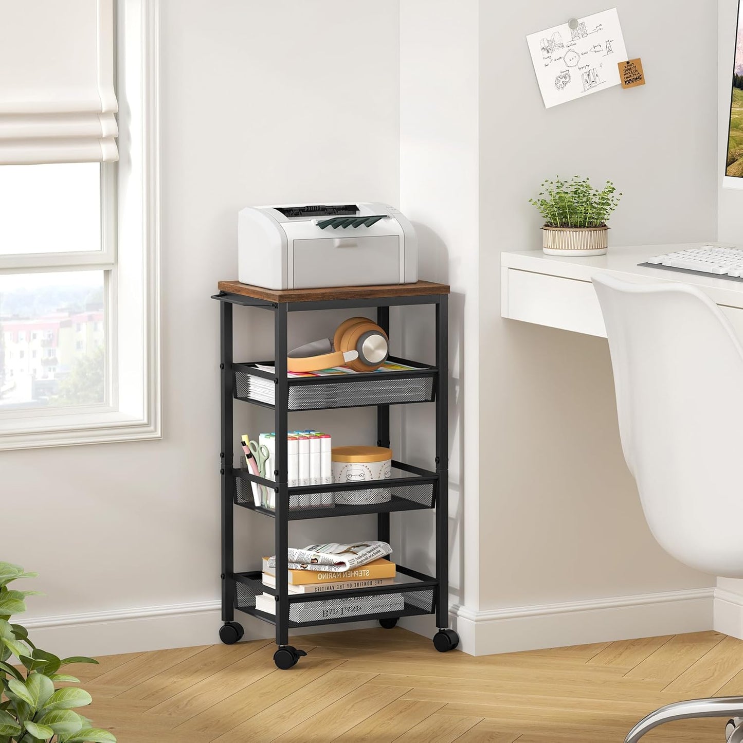 Hoctieon Rolling Storage Cart, 4-Tier Wide Panel Kitchen Storage Cart, Utility Carts with Handle & Wheels, Mobile Shelving Unit, Metal Frame Narrow Carts for Home Kitchen, Laundry, Rustic Brown