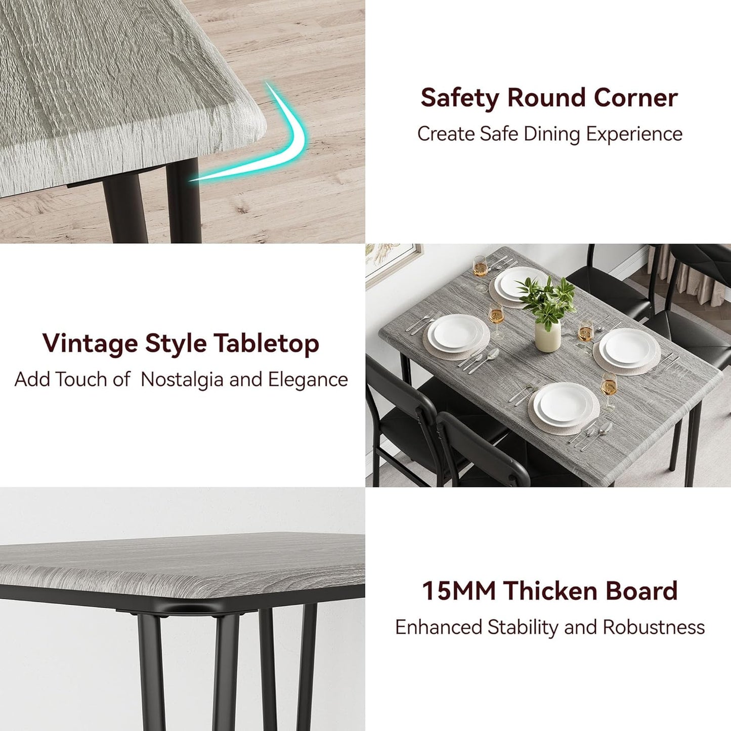 GarveeHome Dining Table Set for 4, Kitchen Table with Upholstered Chairs for Kitchen Room and Small Spaces (Grey, Table with 4 Chairs)