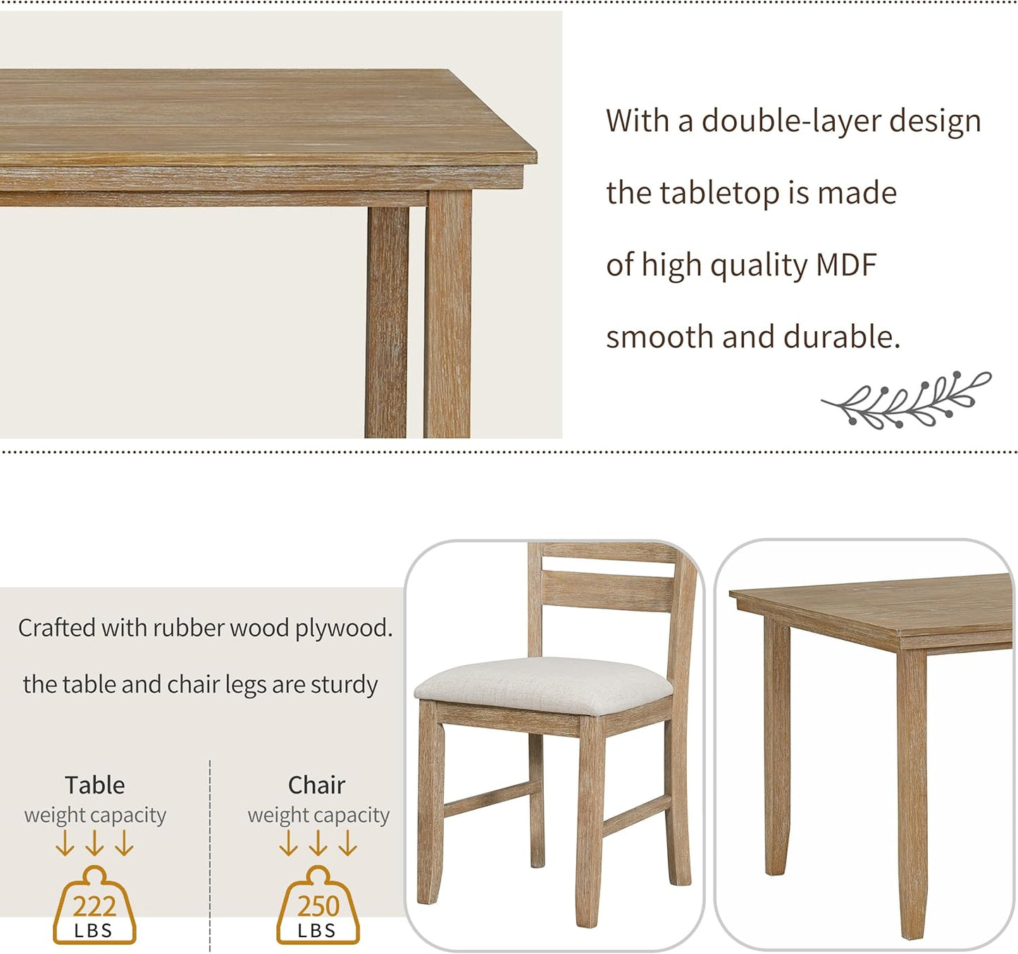 SogesPower 6-Piece Rustic Dining Table Set for 4-6,Rectangular Farmhouse Kitchen Table Set with 4 Chairs & 1 Bench for Dining Room Living Room,Natural Wood