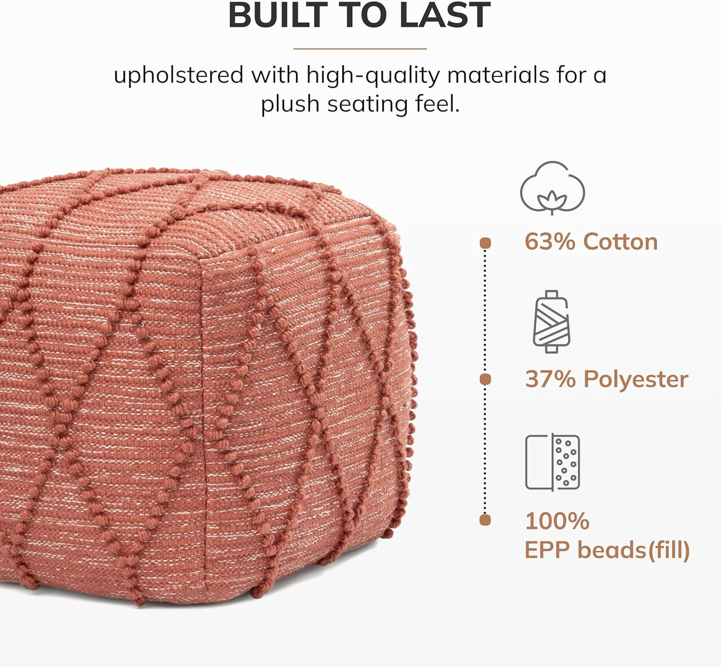 Anji Mountain 100% Handmade & Handcrafted Comfortable Home Décor Pouf Ottoman Footrest for Living Room, Bedroom, Nursery, Kidsroom, Patio Furniture - (19" x 19" x 17"- Terracotta)