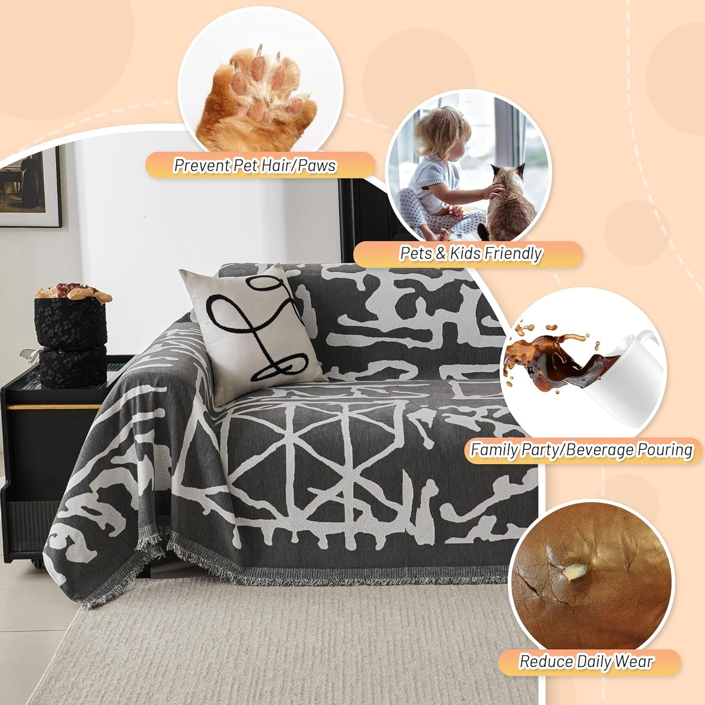 MYSKY HOME Boho Couch Cover Sofa Covers, Couch Covers for 2 Cushion Couch Sofa, Chenille L Shape Sectional Couch Cover - Pet-Friendly, Machine Washable, Sofa Protector for Kid, 71"x118", Grey Geometry