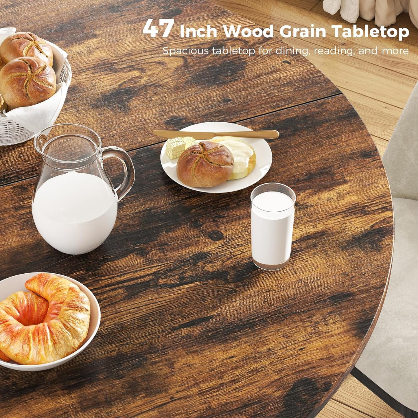 Unovivy 47" Round Dining Table for 4-6, Space Saving Circle Kitchen Dinner Table, Industrial Mid Century Modern Dining Room Desk for Kitchen, Apartment, Rustic Brown