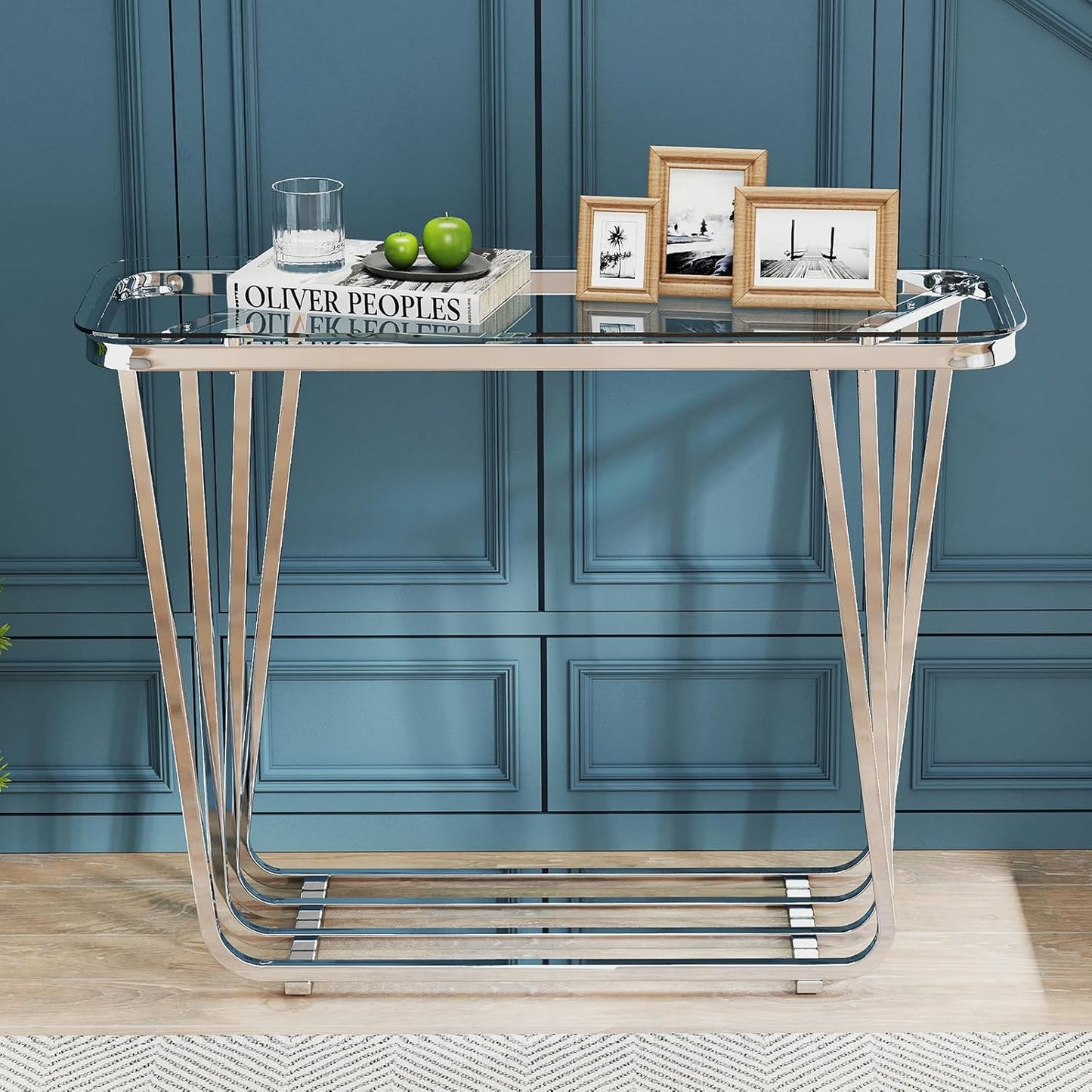 OIOG Glass Console Table for Entryway, Modern Entrance Table with Tempered Glass & Chrome Frame, Silver Sofa Table for Living Room Hallway