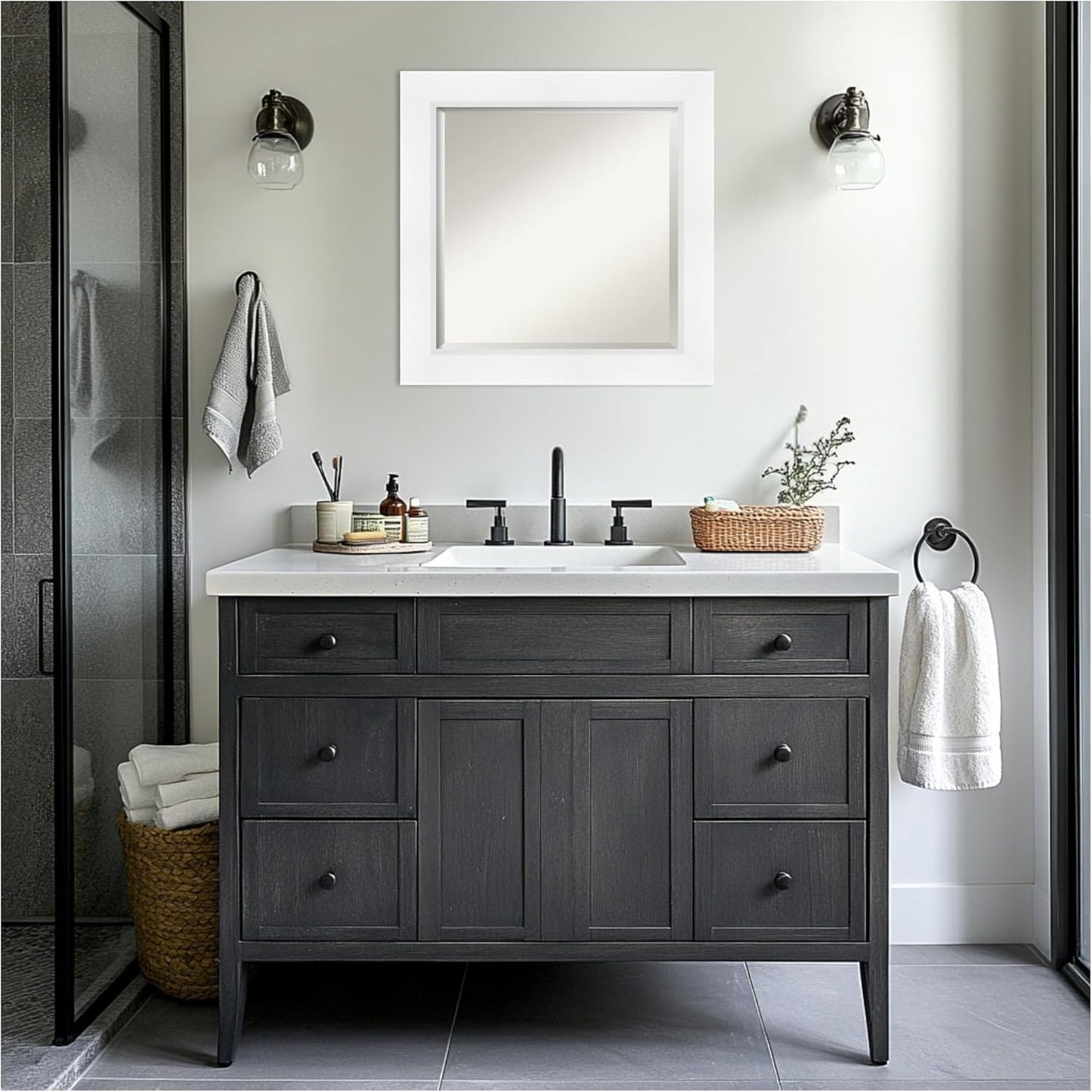 Amanti Art White Bathroom Mirror for Over Sink, 26x26 Sloped White Square Vanity Mirror, Medium Modern Contemporary Frame, Hangs Horizonally and Vertically, Bathroom Wall Decor, Beveled Edge