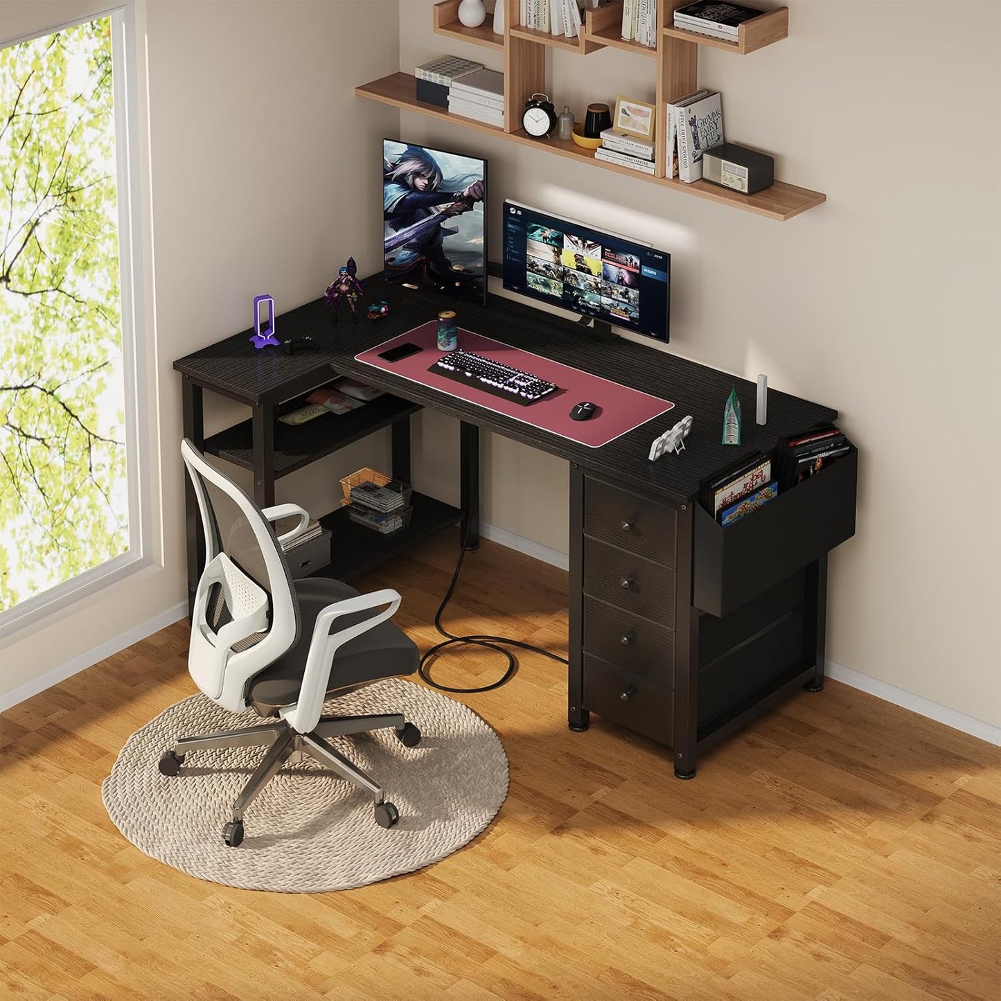 Lufeiya L Shaped Gaming Desk with Drawers & Storage Shelves, 47 Inch Reversible Corner Computer Desk with Power Outlet for Home Office Bedroom, L-Shaped Teen PC Desks with Fabric Drawer, Black