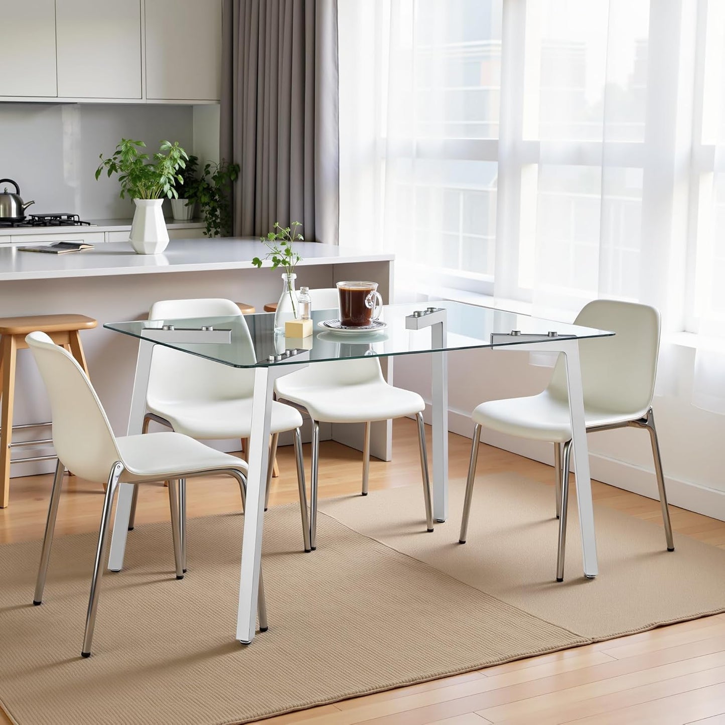 Dining Table for 6 Kitchen Table 51" Rectangular Modern Glass Dining Table Kitchen & Dining Room Tables with Glass Tabletop and Metal Legs for Dining Room and Kitchen, Silver