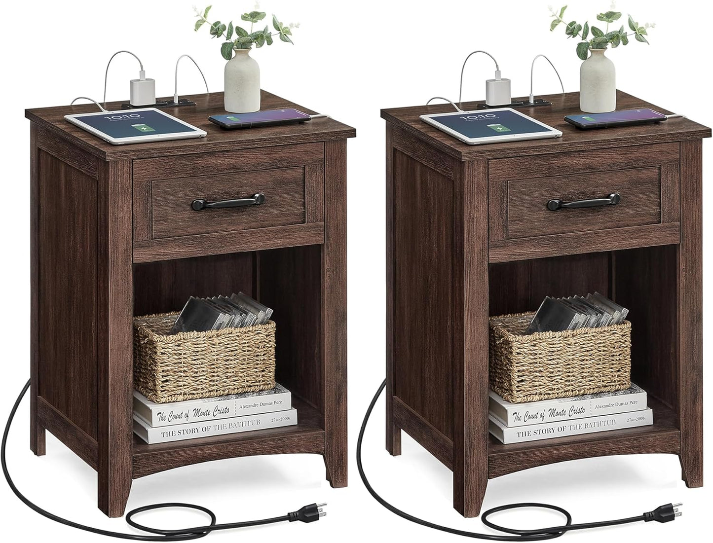 VASAGLE LIRY Collection - Farmhouse Nightstands with Charging Station, Set of 2 Bedside Tables, Side Tables with Drawer, Open Compartment, for Bedroom, Maroon Brown ULET959K51