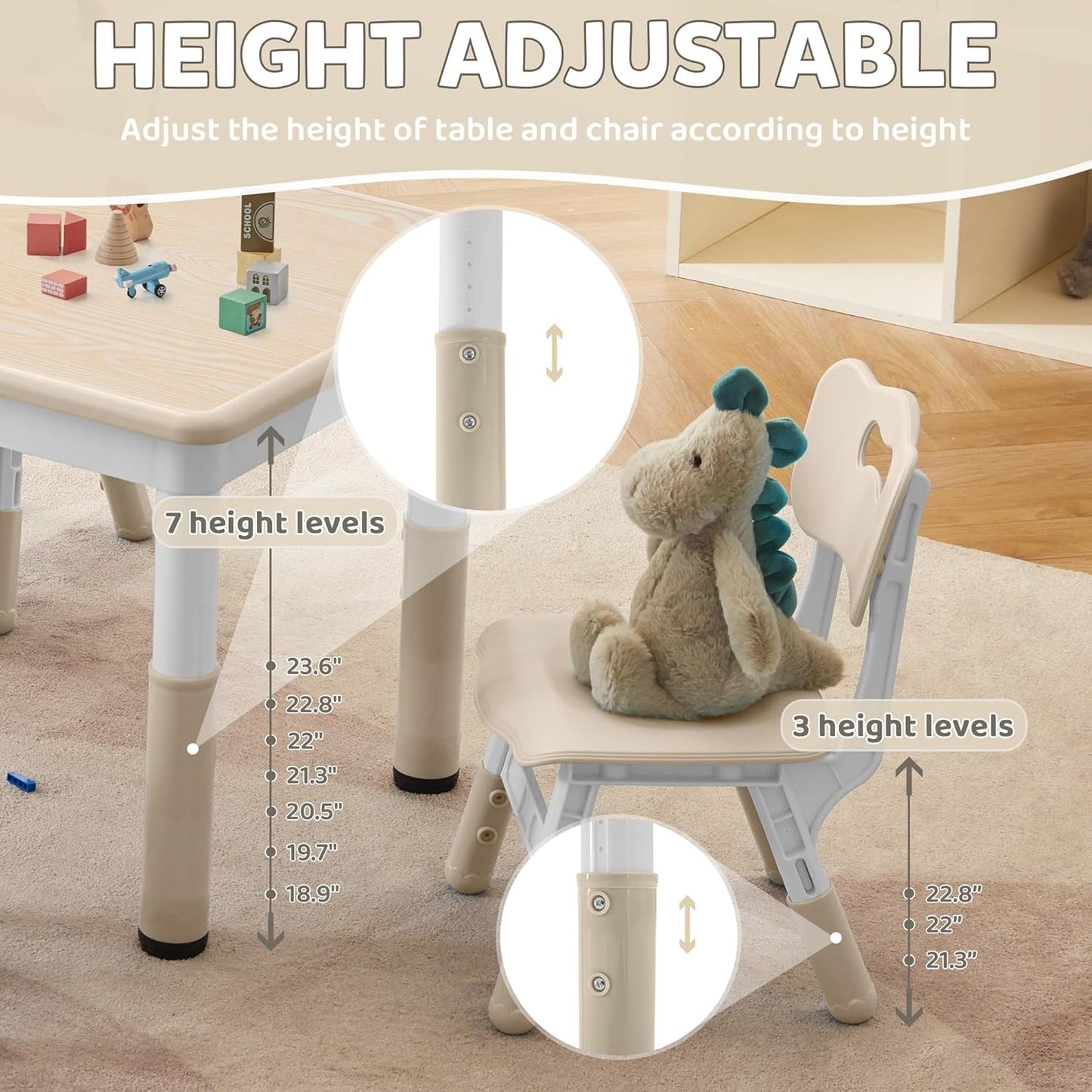 Adjustable Kids Table & Chairs Set for Ages 3-8 | 31.5"x23.6" Easy-Clean Activity Table | Meets ASTM/CPSC Standards for Daycare, Homeschool & Playroom (Natural-Wood, 4 Chairs)