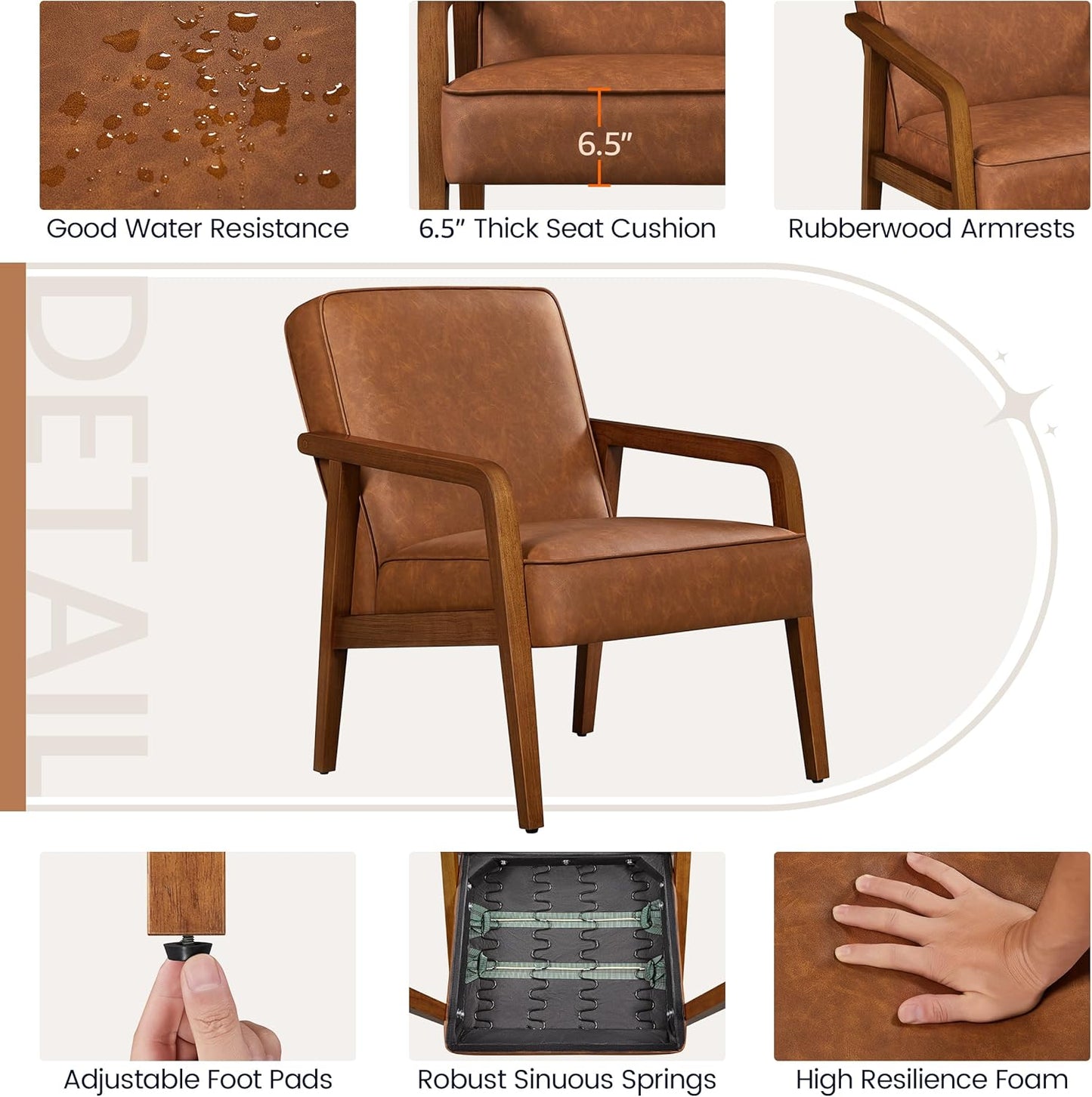 Yaheetech PU Leather Accent Chair, Mid-Century Modern Barrel Chair with Wooden Frame and Soft Thick Padded for Living Room Bedroom Home Office, Light Brown