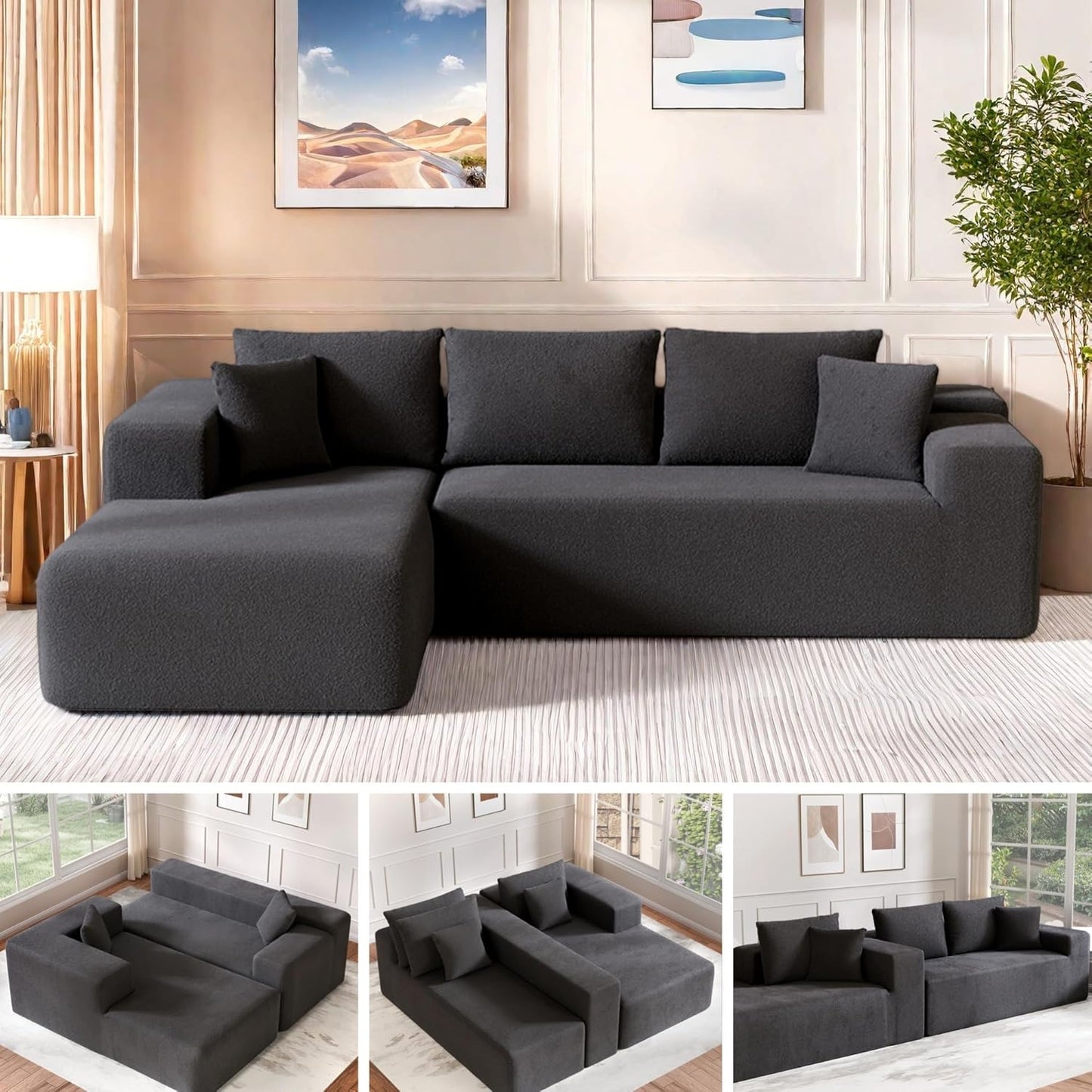 Cloud Sectional Couch, 104”L-Shape Oversized Sofa with Right Chaise Lounge, Modular Sleeper Couch with Pillows & Deep Seat, Rain Drop Velvet Fabric Compressed Sofa for Living Room, Dark Gray