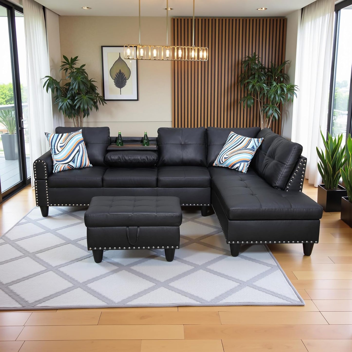 97.5" Oversized Sectional Couch, L Shaped Couch with Storage Ottoman, Modern Modular Sofa with Deep Seat, Sectional Couches for Living Room and Office, Black (Faux Leather)