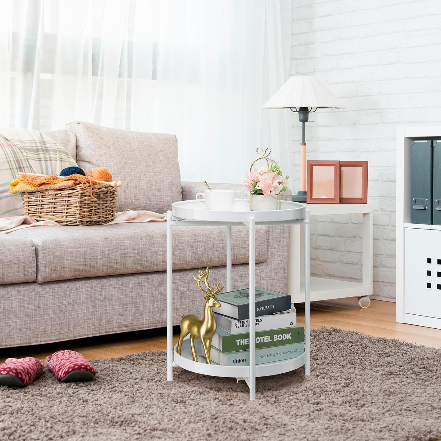 Danpinera 2 Tier Metal Side Table with Removable Tray - Round Accent Table, Anti-Rust White Nightstand for Bedroom, Balcony, Patio